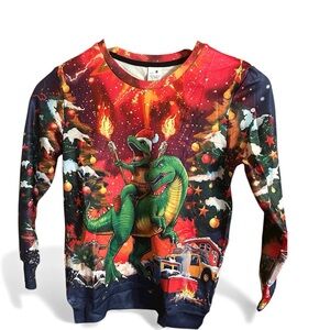 Christmas Ugly  Funny Long Sleeve Shirt  T-Rex Dinosaur Boys Multicolor Size M